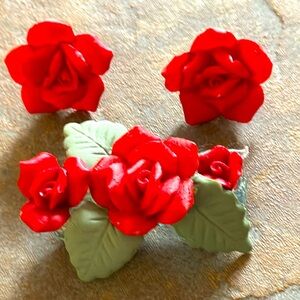 Ladies Red Earrings and Pin/Brooch Set. Rose Design. For Pierced Ears On…